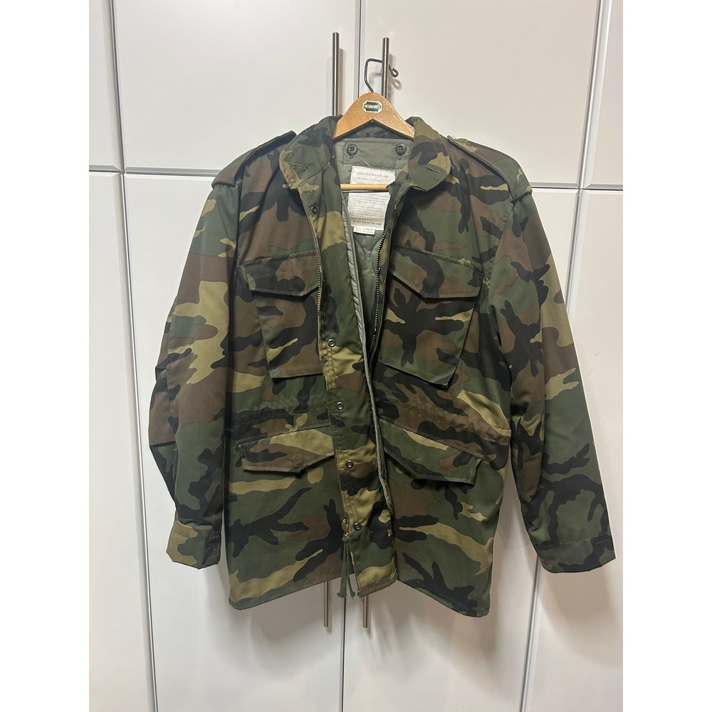 Vintage Woodland Camo M-65 Style Field Jacket Mens Large Cold Weather Army Coat